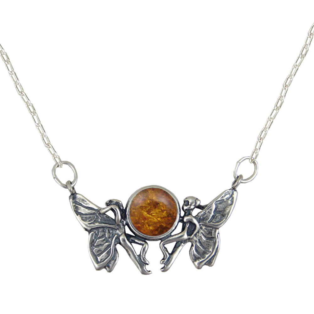 Sterling Silver Pair of Fairies Necklace With Amber